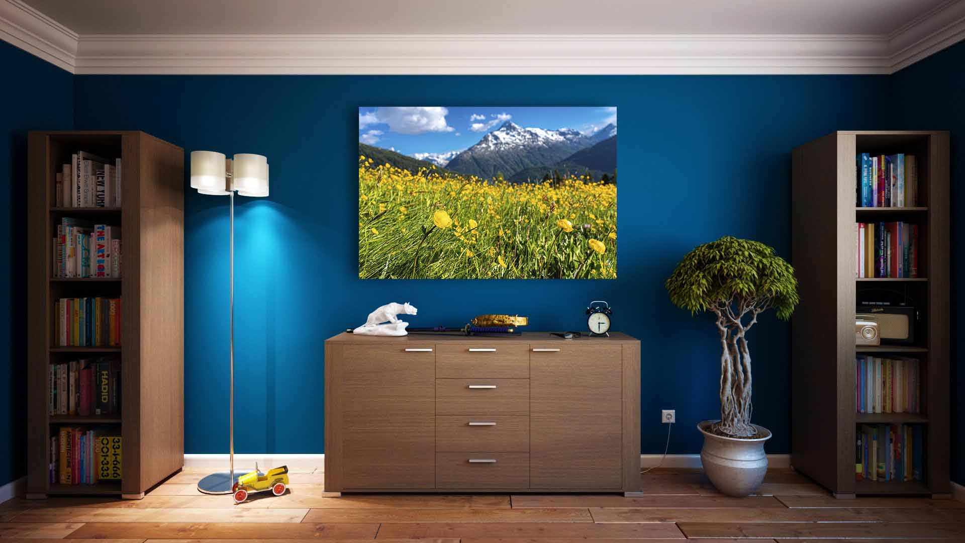 Wohnzimmer mit einem Bergbild